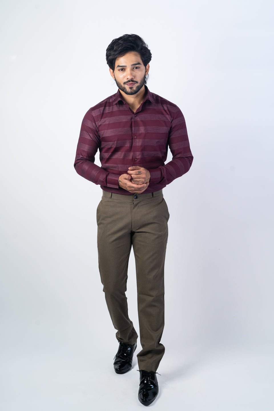 Wine Red Color Cotton Stripe Shirt For Men - Punekar Cotton