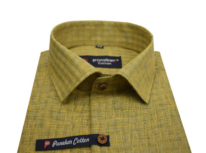Yellow Color Cotton Self Woven Checks Handmade Shirts For Men&