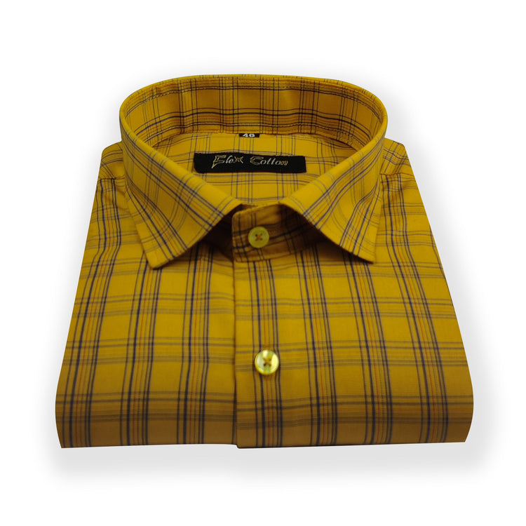 Yellow Color Poly Cotton Casual Checked Shirt For Men - Punekar Cotton