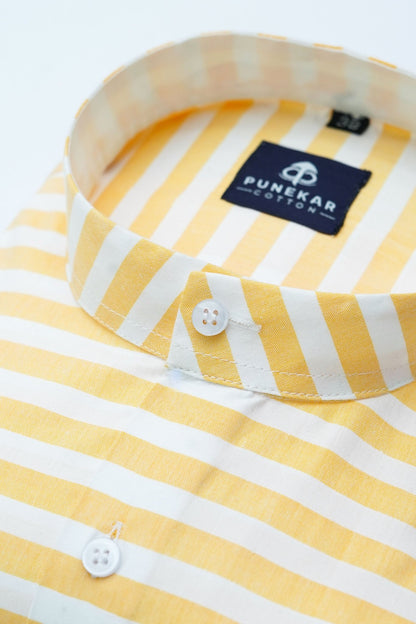 Yellow Color Stand Collar Strips Shirts For Men - Punekar Cotton