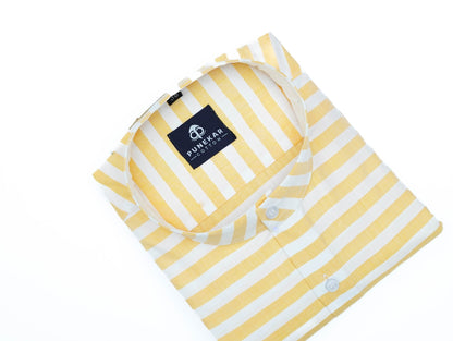 Yellow Color Stand Collar Strips Shirts For Men - Punekar Cotton