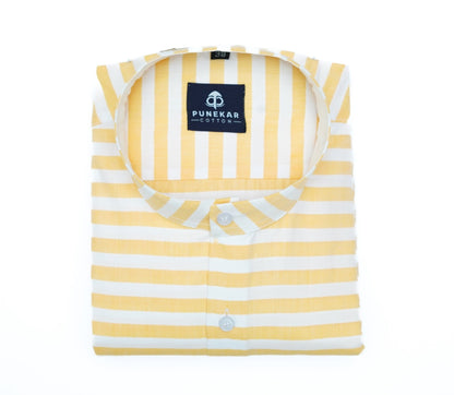 Yellow Color Stand Collar Strips Shirts For Men - Punekar Cotton